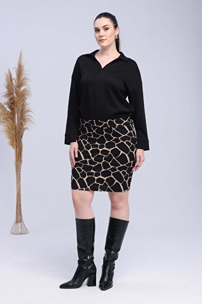 Madwilo Fusta scurtă elastică cu model de piatră, negru-bej, pentru femei