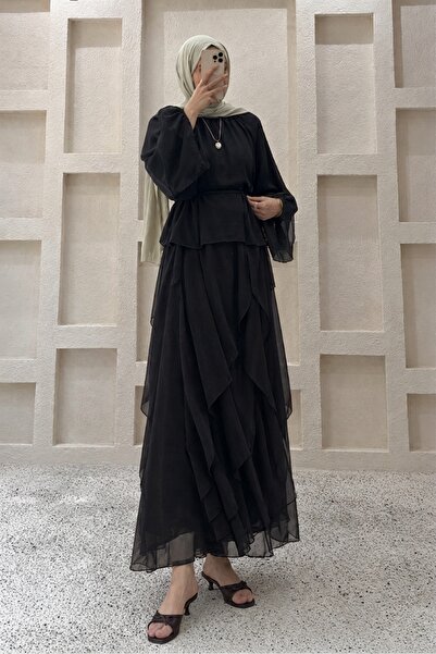Moda Aydın Butik Women's Skirt Suit with Volan and Chiffon Detail - Black
