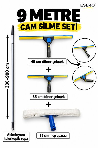 AYLA STAND 9 Metre Alüminyum Teleskopik Cam Silme Seti – Döner Başlıklı 45 ve 35 cm Cam Çekçek + 35 cm Mop Aparatı