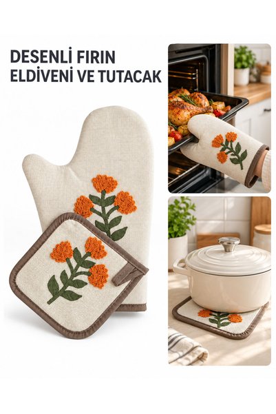 Genel Markalar 2 Parça Çiçek Desenli Fırın Eldiveni ve Tencere Tutacağı Seti ...