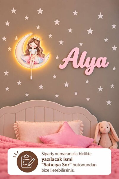 BugyBagy Ahşap Aylı Prenses Lamba & Işıksız İsimlik Seti – İsimli Bebek ve Ço...