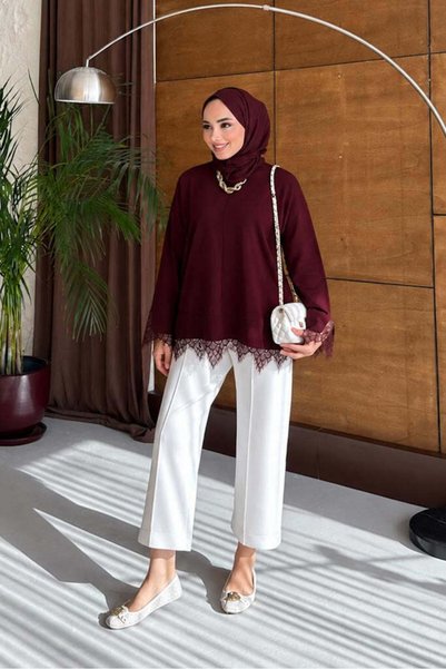 Rimel Moda Dantelli Tunik Bordo