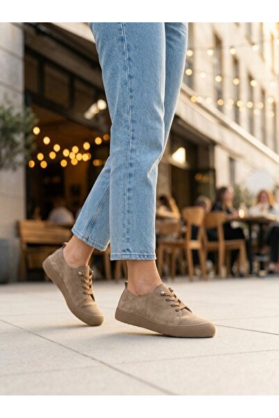 Deripabuc Hakiki Deri Krem Süet Kadın Deri Sneaker DP87-0185