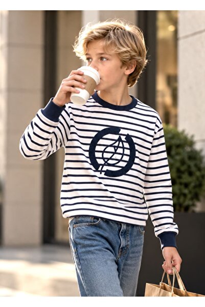 Ozmoz By Mukadder Özden Organic Navy Blue Striped Spring Sweatshirt for Boys