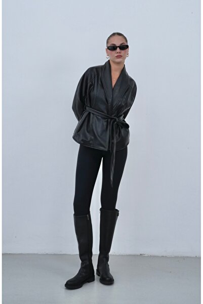 ZS Zey Studio Women's Black Shawl Collar Leather Jacket with Tie Detail