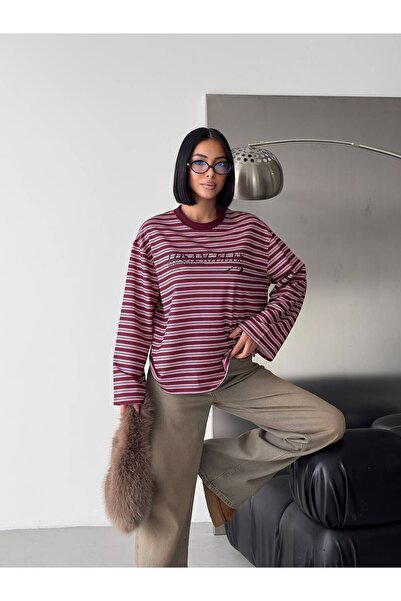 moda gk Çizgili Bisiklet Yaka Oversize Düşük Kol Örme Sweatshirt