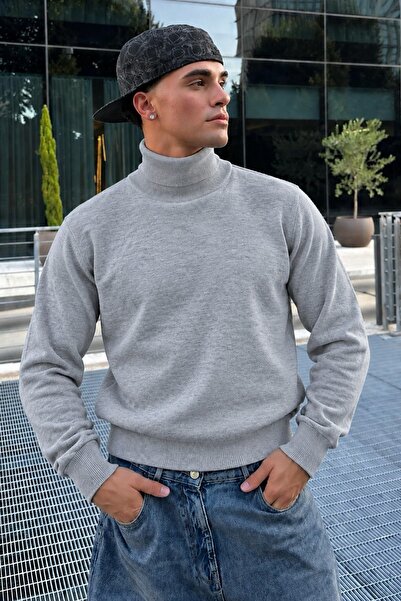 DAMGA JEANS Pulover gri pentru bărbați, cu guler complet, tricotat