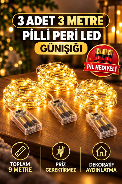 LED PAZARI 3 ADET 3 mt pilli peri led günışığı ( pil hediyeli)