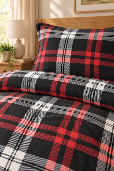 Cotton Collection Flannel Double Duvet Cover Set Black Plaid