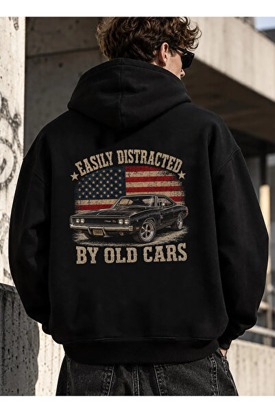 SUNFREE Street Style Mix Printed Hooded Oversized Black Sweatshirt with Pockets