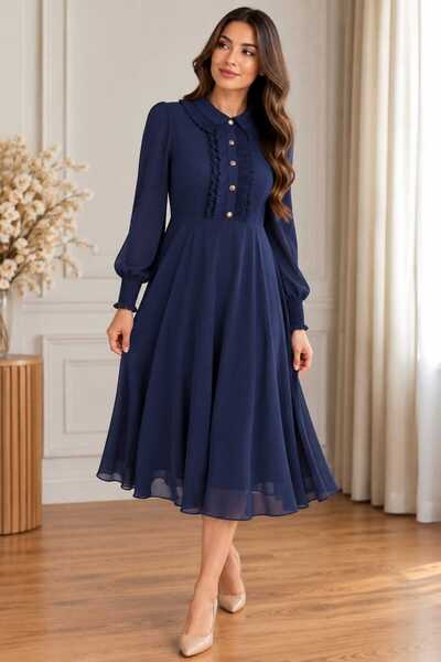 iTin Rochie lunga din voal cu volane si nasturi, Bleumarin, marimea XS