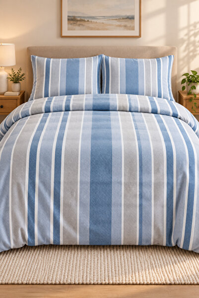 Cotton Collection طقم غطاء لحاف مزدوج من الفلانيل باللون الأزرق والرمادي المخطط