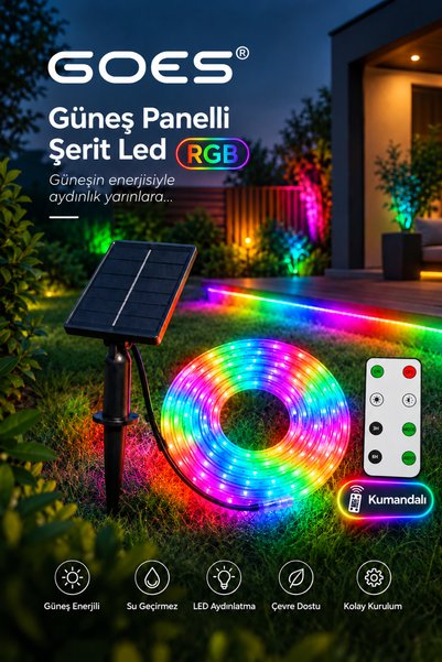 Güneş Panelli Kumandalı Dekoratif Su Geçirmez Modern Solar Şerit Led ve Dış Mekan RGB Aydınlatma