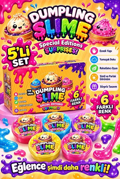 Hepsilazım Oyuncak Dumpling 5'li Slime Simli Parlak Renkli Esnek Yumuşak Doku...