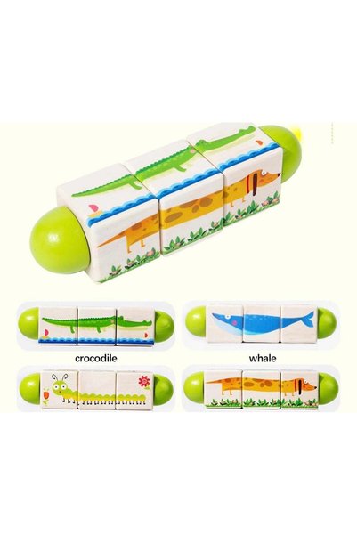 OEM Puzzle rotativ din lemn cu 3 cuburi, Animale, 17 x 4.3 x 4.3 cm