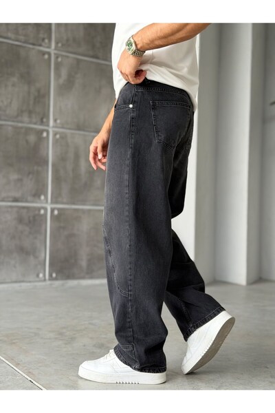 FO4RBS Pantaloni din denim largi, cu cusături decorative, lavabili, W Negru