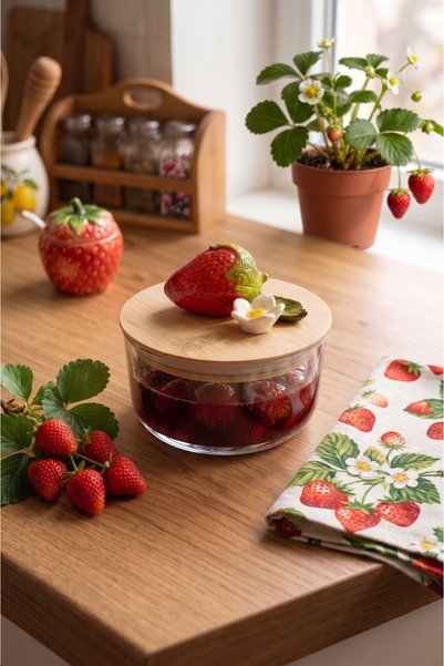 Kare Home Vacuum Glass Storage Container with Bamboo Lid [Strawberry Detail]