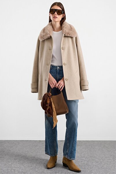 Olcay Exclusive Large Size Coat with Detachable Fur and Punto Stitching Detai...