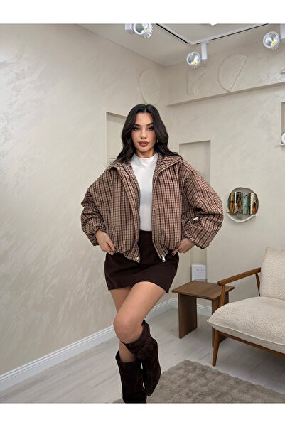 miraylawear Eva Kahve Renkli Ekose Desenli Fermuarlı Kadın Mont