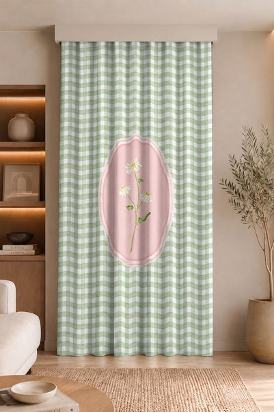 Realhomes Daisy Flower Figured Plaid Single Wing Background Curtain Decorative Curtain (with Cushion Cover as a Gift)