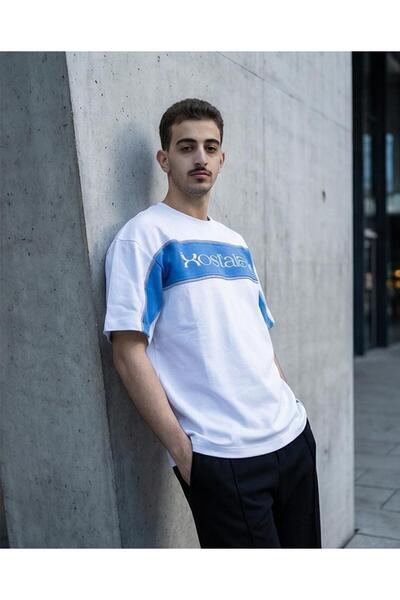 Generic Brand White Oversize T-Shirt with Blue Line and Nostalgia Logo