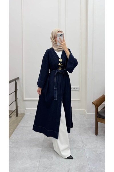 Minharir Monaco Broş Detaylı Denim Kimono