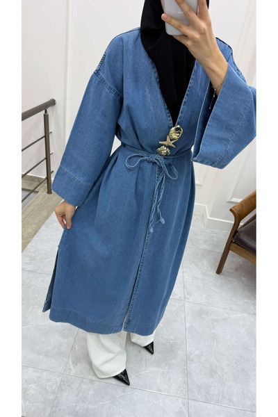 Minharir Monaco Broş Detaylı Denim Kimono