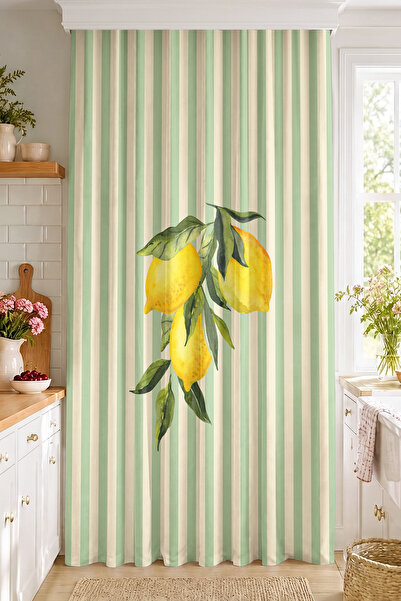 Realhomes Watercolor Lemon and Leaf Motif Striped Kitchen Style Digital Print...