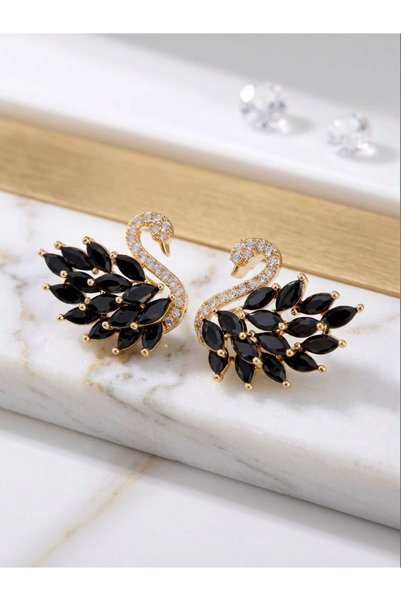 ANGELSS JEWELLERY أقراط نسائية من حجر الزركون الأسود على شكل بجعة ذهبية، أقرا...