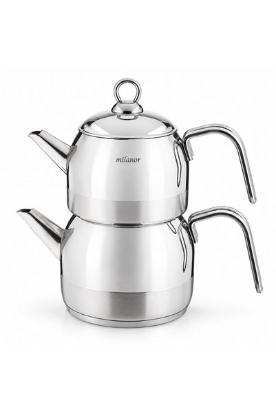 Milanor Tuana Mini Metal Kulplu Çelik Çaydanlık – 0,75 L Demlik + 1,50 L Alt Çaydanlık