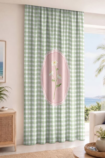 Realhomes Daisy Flower Figured Plaid Single Wing Background Curtain Decorative Curtain (with Cushion Cover as a Gift)
