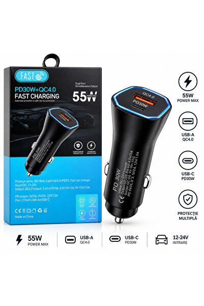 OEM Încărcător Auto Rapid 55W, 2x USB, USB-A QC 4.0, USB-C PD 30W, 12-24V