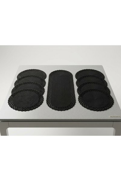 EFLİNS Supla 9-Piece Black American Service Hand Knitted Macrame
