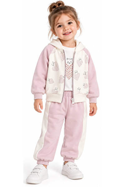 İrem Çocuk Giyim Girl's Cat Heart Patterned Cardigan Lilac Color Triple Track...