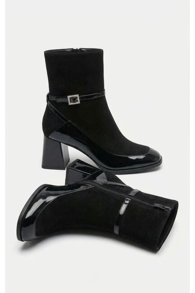 FİNTAS Ayağınıza Gelen Moda Black Suede Patent Leather Detailed Stone Buckle Thick Heeled Women's Boots
