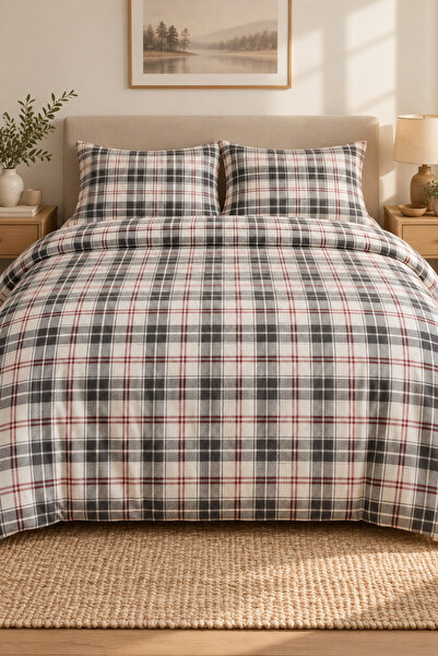 Cotton Collection طقم غطاء لحاف مزدوج من الفلانيل باللون الأحمر والأسود