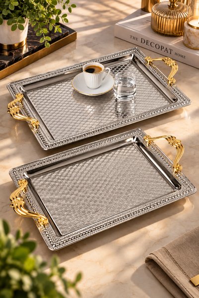 Decopat Set of 2 Stainless Steel Trays – Rectangular Patterned Serving and Pr...