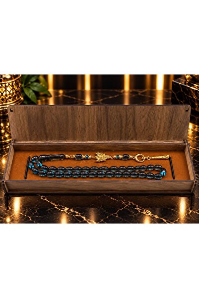 ATEŞ KEHRİBAR TESBİH AHŞAP KUTULU ÖZEL TASARIM PÜSKÜL 8X12MM