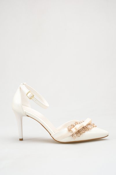 FOLLOWIN Women's White Pointed Toe Heeled Shoes – Ankle Strap Bow and Stone W...