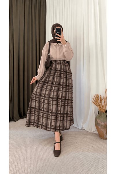Hepsi Moda طقم تنورة بنقشة مربعات - 8125 - بني غامق