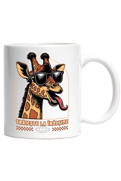 INOVATIX Personalized white mug, Giraffe with sunglasses, tongue out, Live hi...
