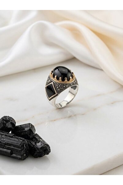 Generic Brand Men's Ring 925 Silver Plain Black Onyx Stone Detailed Side Desi...