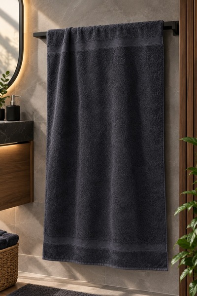 ÖZHANE TEKSTİL 100% Cotton 70X130 Bath Towel with Bordure Anthracite 16/1 Ring 480 Gr