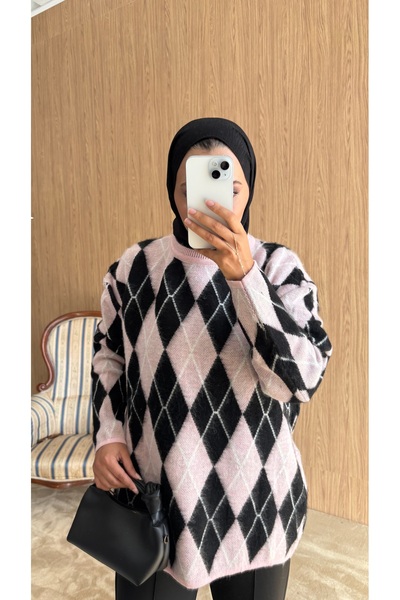QUWİQ Women's Diamond Patterned Oversized Striped Sweater