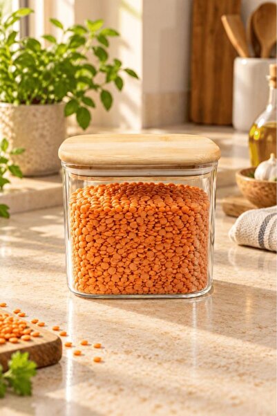 Atbyhome Doğal Bambu Vakum Kapaklı Dikdörtgen Borosilikat Cam Kavanoz 650 ml ...