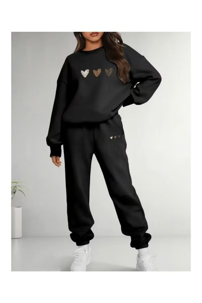 HAI COLLECTİON Heart Printed Black Oversize Tracksuit Set Unisex Sweatshirt P...