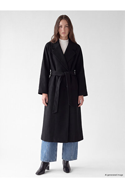 LC Waikiki Two Mt Shop Quality Lcw Modest Black Double-Breasted Collared Wome...