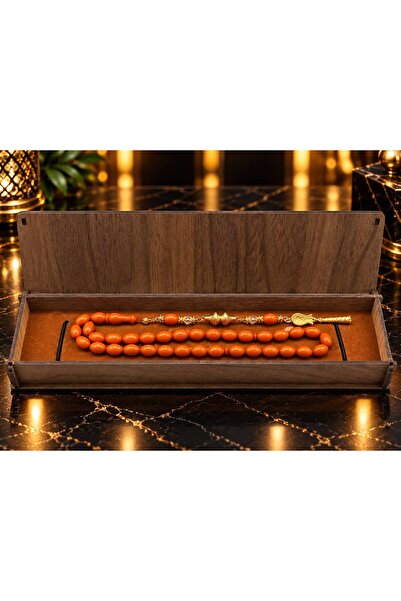 ATEŞ KEHRİBAR TESBİH AHŞAP KUTULU ÖZEL TASARIM PÜSKÜL 8X12MM