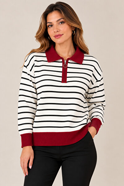 CNR TEKSTİL Women's Polo Collar Zippered Striped Knit Sweater