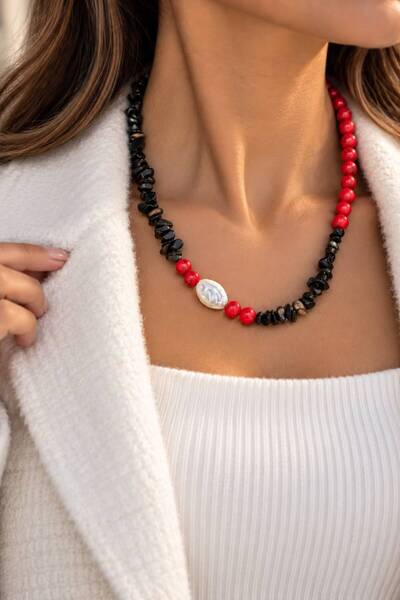 HUBANN Women's Handmade Black Obsidian and Coral Natural Stone Necklace with ...